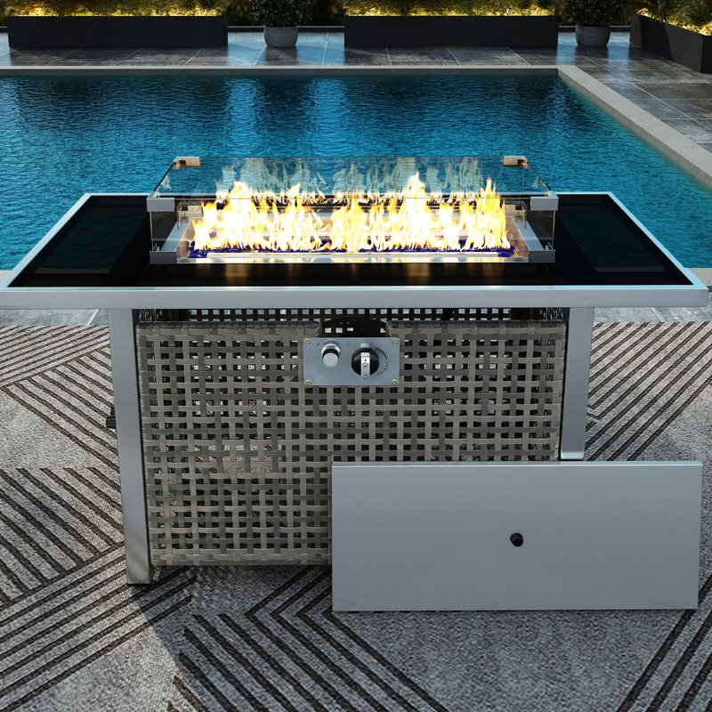 43" Rectangular Grey Open Weave Propane Fire Pit Table, 60000 , With Blue Glass Stones, Tempered Wind Guard, And 20lbs Storage For Outdoor Family Gatherings Gas Bohemian Charm, Removable - Rust Lid