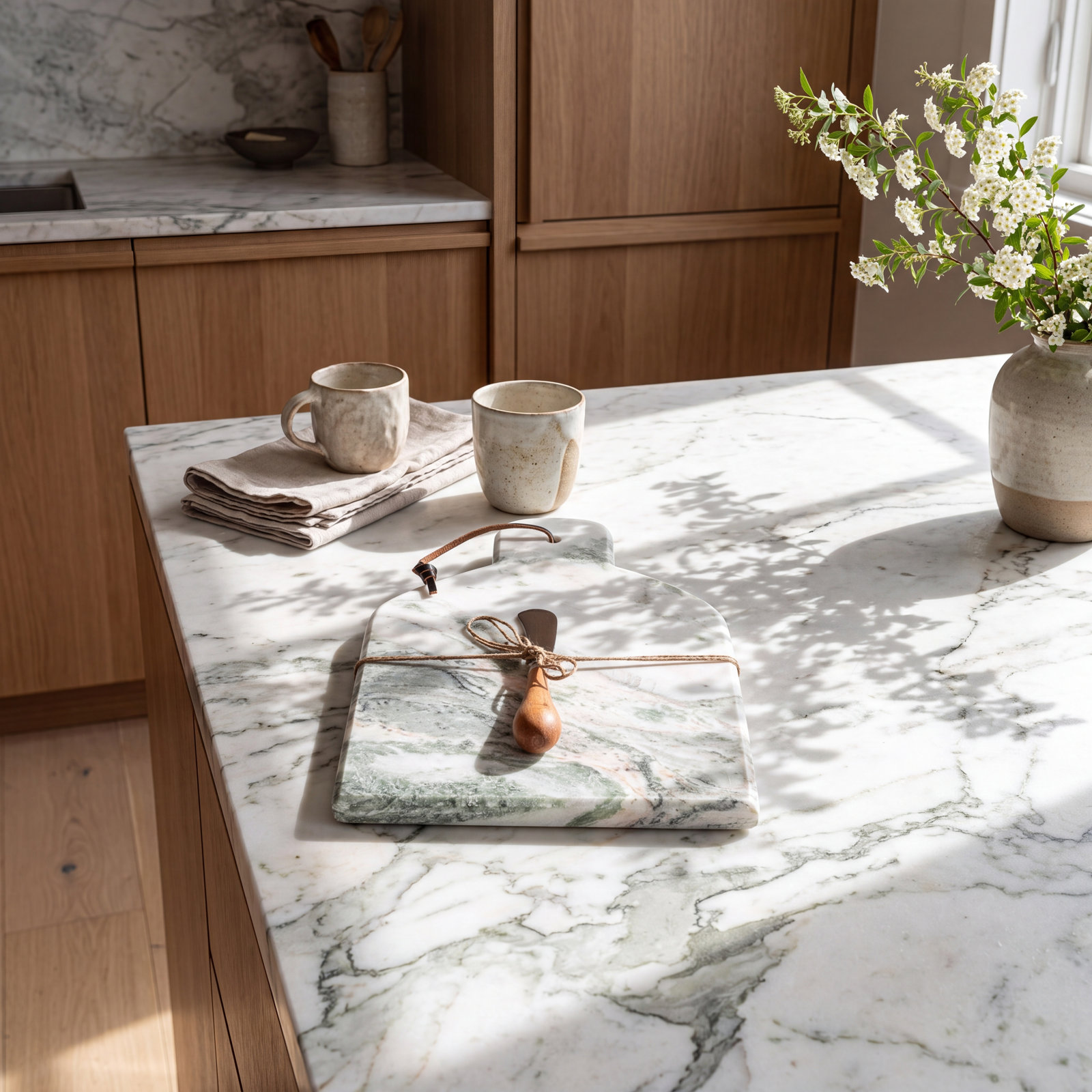 Marble And Wood Cutting Board With Knife