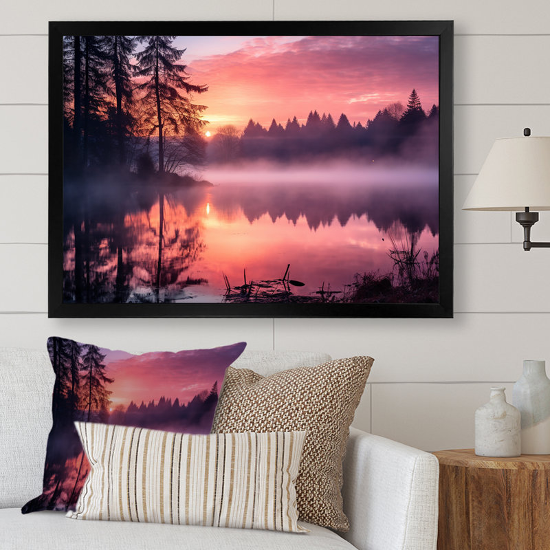 Dinghy Boat pendant un lever de soleil rose sur toile, Cadre photo noir, H 30 po x l 40 po x P 1,5 po