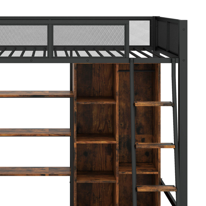 Full Size Metal Loft Bed With Built-In Desk, Wardrobeand Shelves