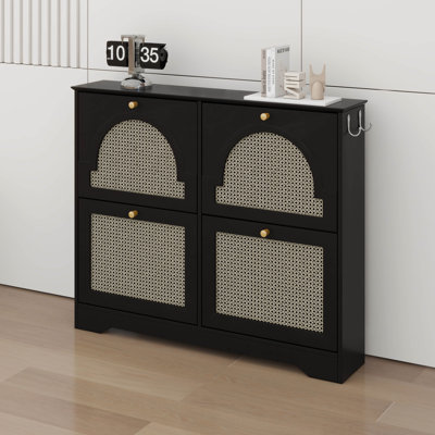 Armoire à chaussures étroite Mid-Century moderne avec 4 tiroirs rabattables et 4 portes en rotin