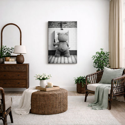 Black and White Teddy Bear Bathroom Humor Artwork, Funny Bathroom Wall Decor Pictures, Framed Canvas Giclee Print Wall Art
