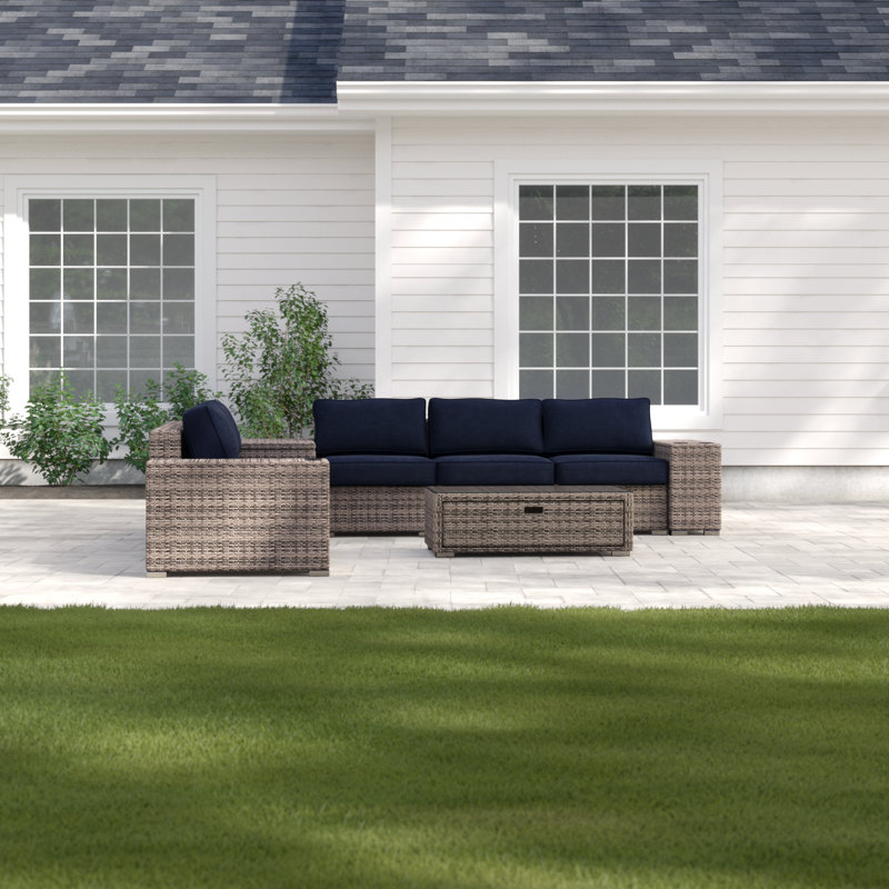 Wenlock Wicker Fully Assembled 6 - Person Seating Group with Sunbrella Cushions, Sunbrella Navy Blue