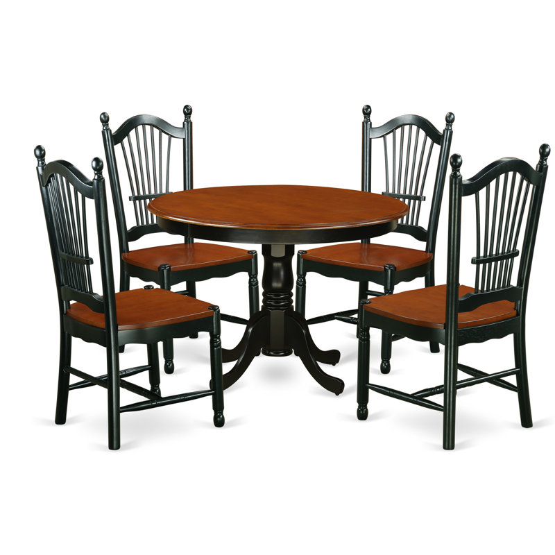 5 Piece Kitchen Table & Chairs Set Includes a Round Dining Room Table with Pedestal and 4 Dining Chairs, Black & Cherry