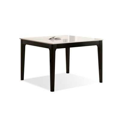 Table de salle à manger blanche et noire en pierre frittée carrée et en bois massif