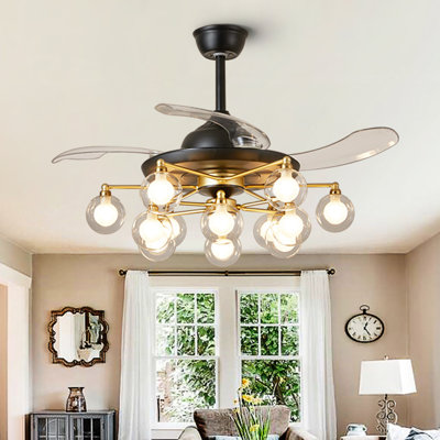 Ventilateur de plafond lustre 48 po avec éclairage et télécommande, noir et or, pales invisibles rétractables, 12 lumières, style Sputnik moderne du milieu du siècle, abat-jour double en verre, minuterie (ampoules non comprises)