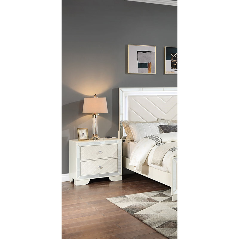 Armoire de chevet moderne avec 2 tiroirs, charge sans fil et poignée en diamant en bois massif crème
