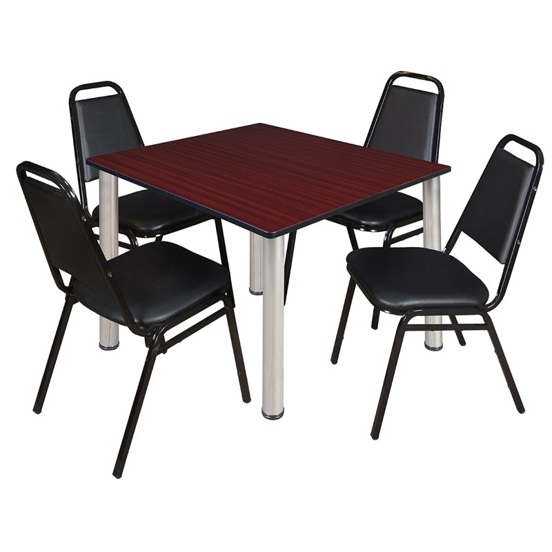 Plateau de table Kee Square, 4 chaises empilables, H 36 po x l 29 po x P 29 po, Chrome, Acajou
