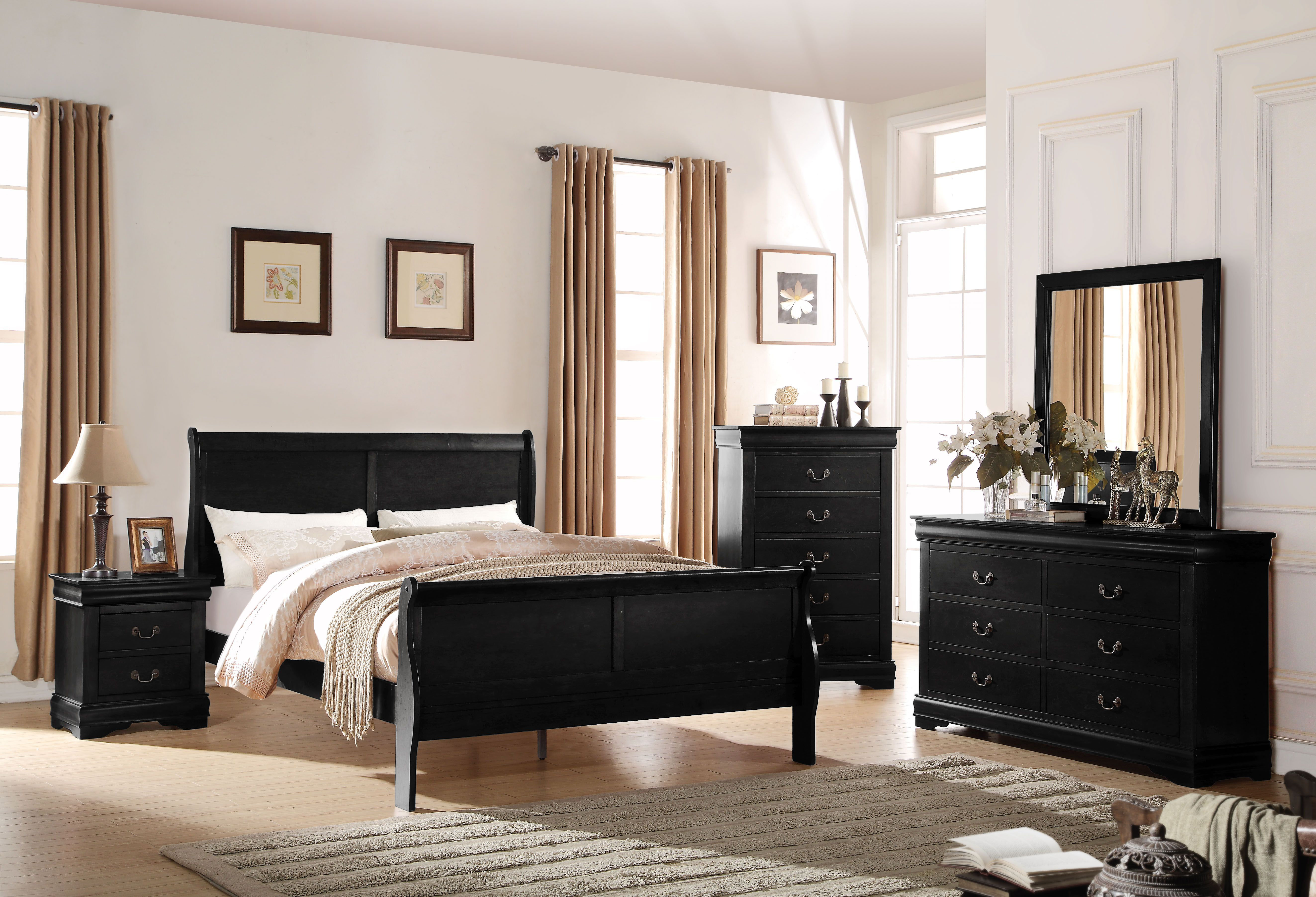 Louis Philippe III Black Eastern King Sleigh Bed w/Dresser and