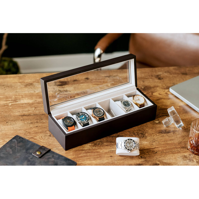 Solid Espresso Wood Watch Box Organizer With Glass Display Top