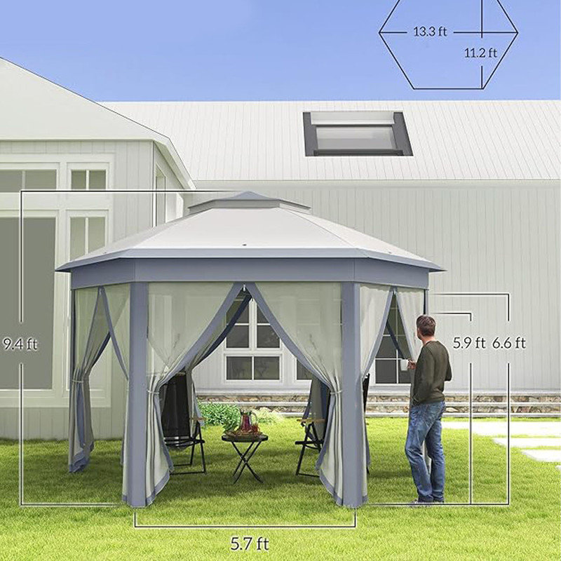 Hexagonal Gazebo Shelter with 6 Zippered Mesh Netting, for Patio Backyard Garden Wedding Party, Grey