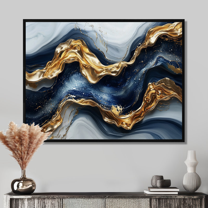 «Aqua River Of Nero Marquina», art en marbre II, Noir, H 12 po x l 20 po, Cadre flottant
