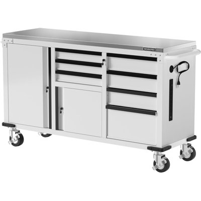  62" x 20" 7-Drawer & 2-Door Rolling Tool Chest with Stainless Countertop, Locking System, Heavy Duty Tool Storage Cabinet for Garage, Warehouse & Kitchen, 1000 lbs Capacity