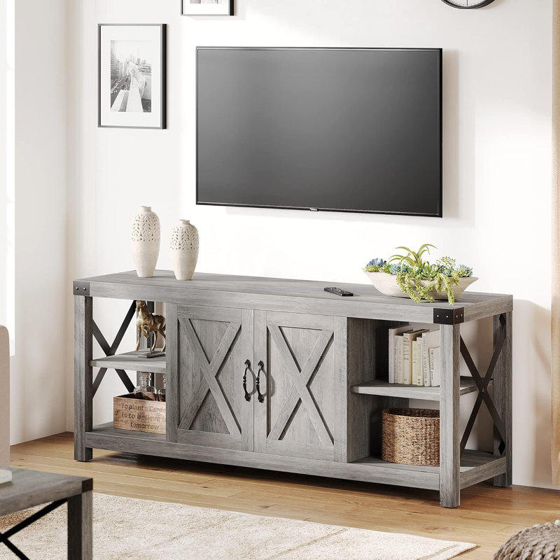 Farmhouse TV Stand For 65/60/55 Inchs, Mid Century Modern Entertainment Center With Storage Cabinets And Open Shelves, Wood TV Table Media Console For Living Room, Bedroom