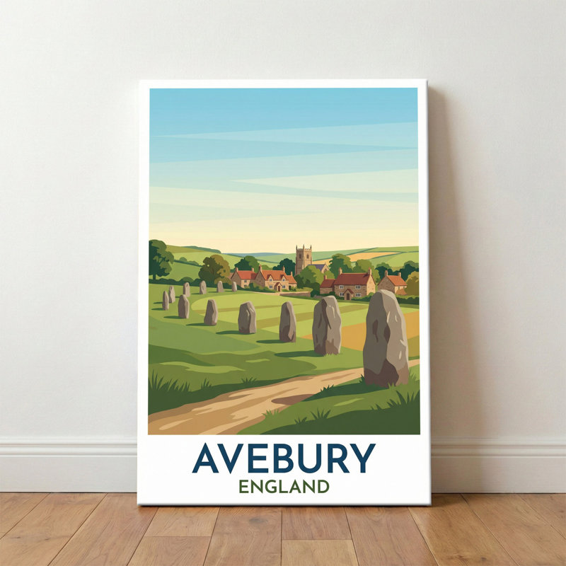 Avebury, England - Romantic Stone Circle Travel Poster. Giclee Print On Wrapped Canvas. Wall Art, Home Decor - Monuments & Sculptures, England - Wrapped Canvas Print