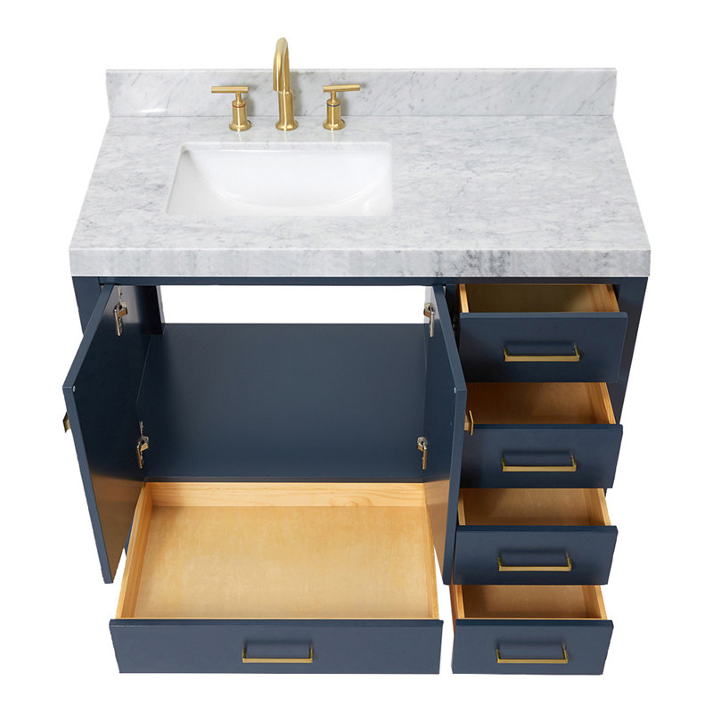 Meuble-lavabo simple 42 po avec comptoir Cambridge, Gauche, Forme rectangulaire, Bleu minuit / laiton satiné