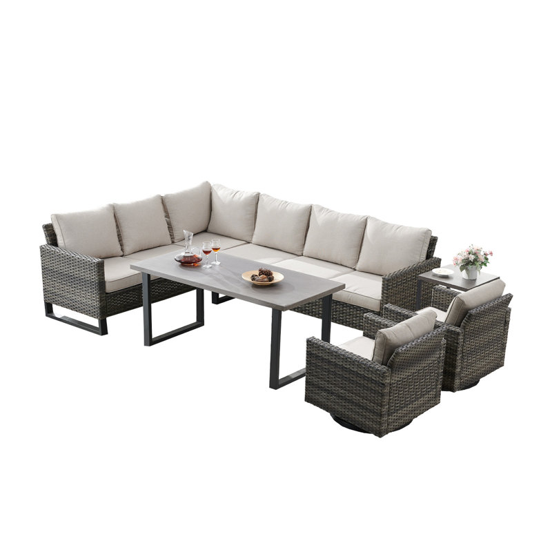 Salome 5-Person All Weather Outdoor Wicker L-Shaped Patio Conversation Set With Swivel Gliders And Side Table, Beige, Gray