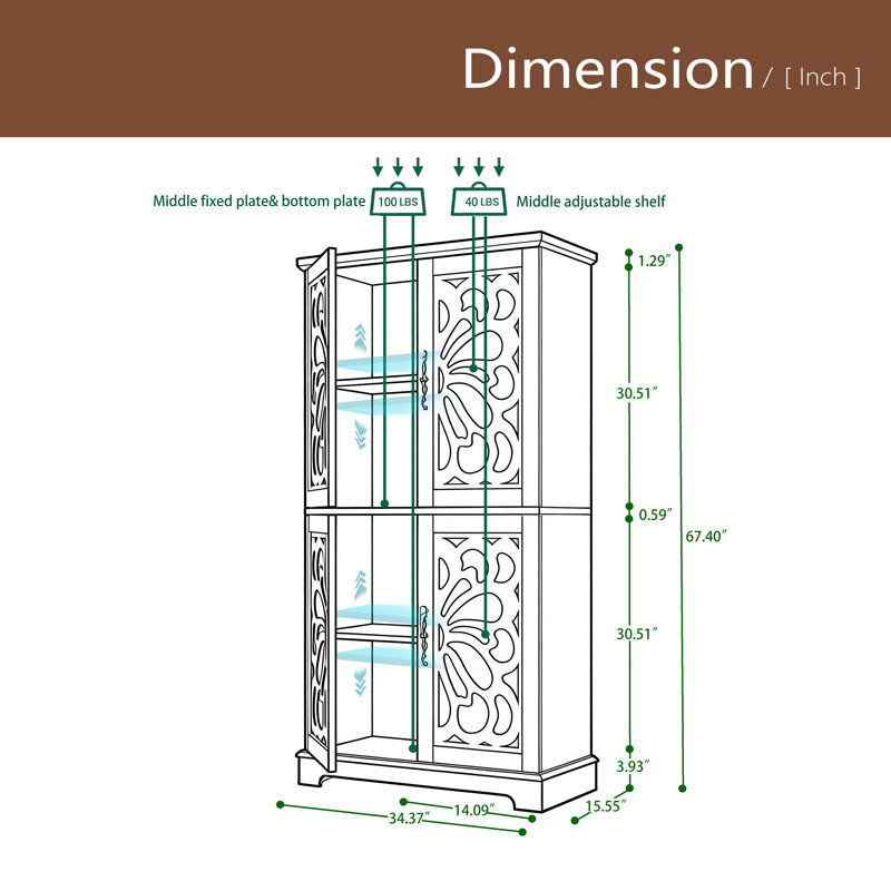 Armoire de rangement 67,4 po H 4 Doors, Marron foncé