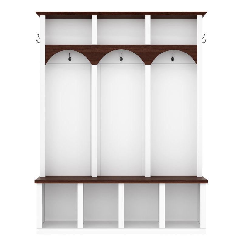 Farmhouse Wooden Style Hall Tree With Arched Design, Practical Entryway Walnut Storage Bench With 5 Black Hooks, Minimalist 4-In-1 Hallway Shoe Cabinet With 7 Cubbies