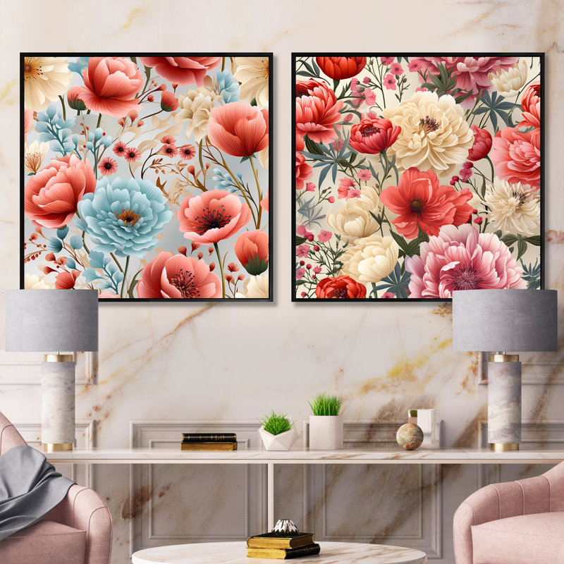 Ilyas - Floral Square Collage Set Of 2, Black Floater Framed, 16" H x 33" W