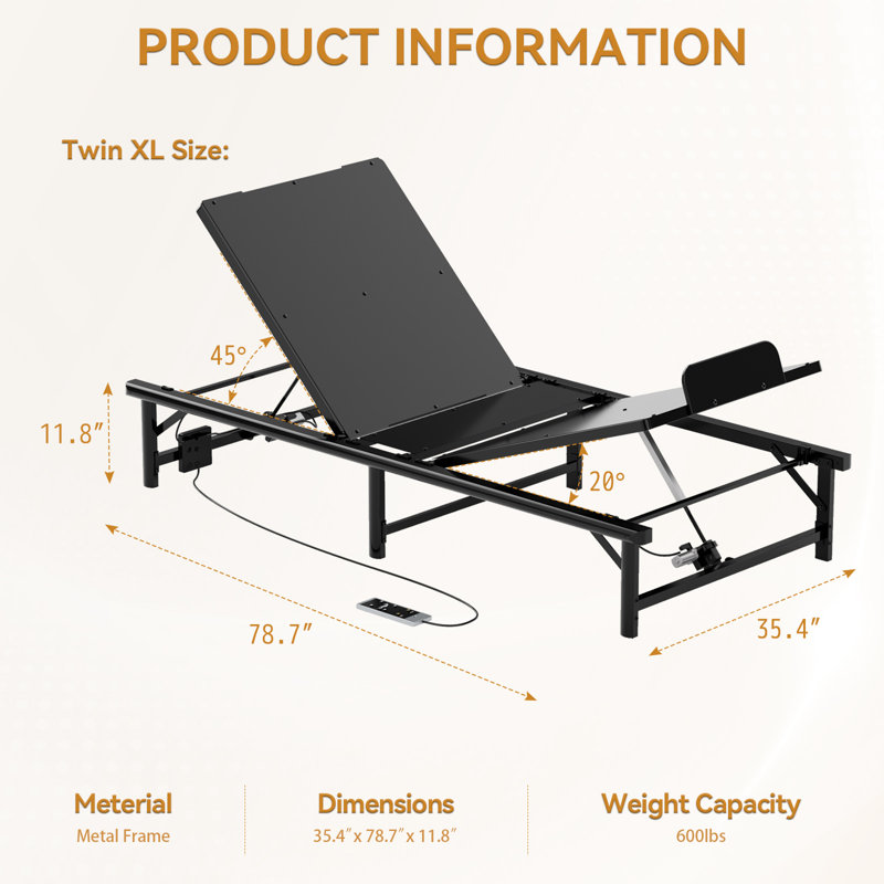Adjustable Bed Frame Bed Base With Remote Control, Independent Head And Foot Incline, Twin