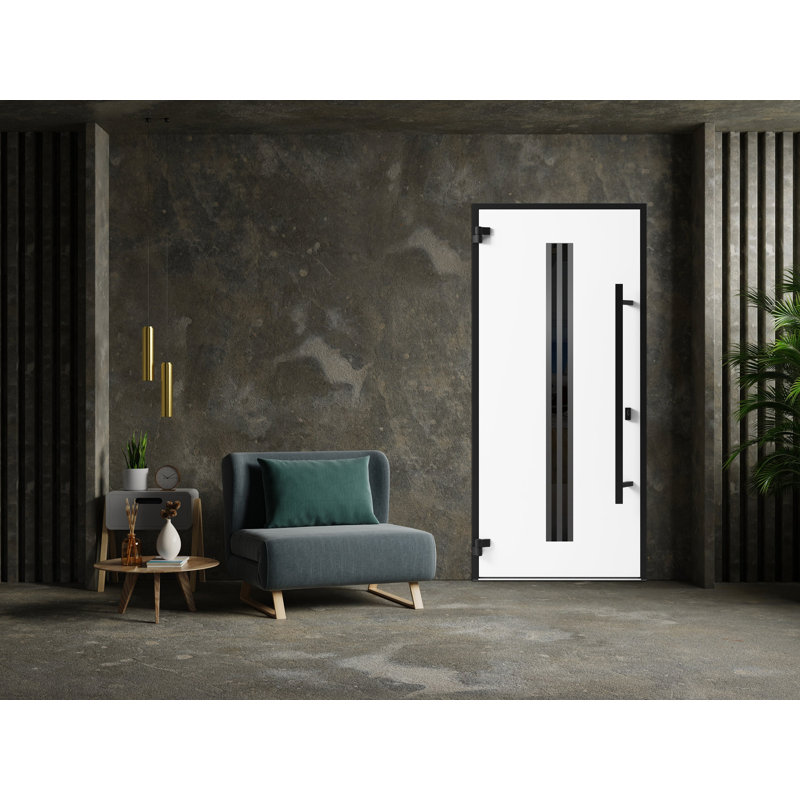 Porte avant en acier pré-suspendue avant / teck Ronex 1055 / entrée en métal peint moderne l 36 po x H 80 po à droite