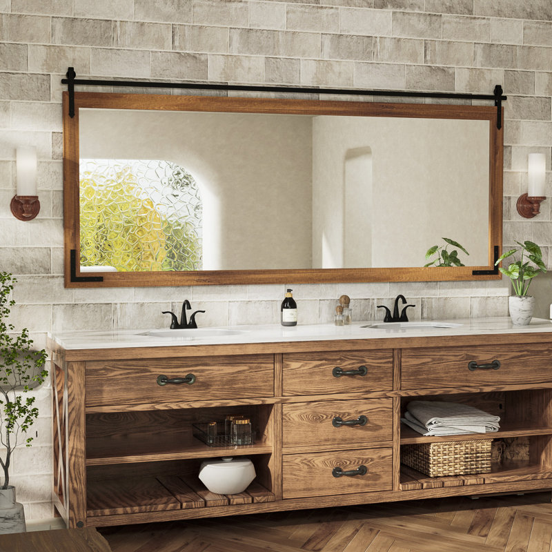 Brunilda Rustic Farmhouse Solid Wood Frame Accent Mirror Decorative Mirror, 32" x 72", Brown