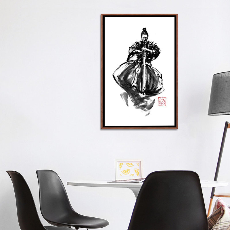 Samurai sautant et Katana - reproduction d'art murale - toile encadrée, 40 po x 26 po, Framed Canvas, Brun