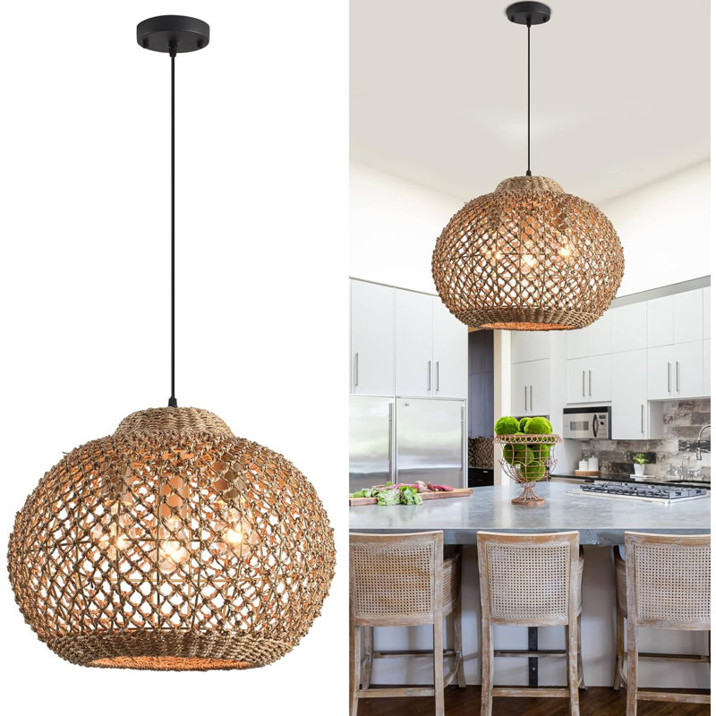Boho Rattan Pendant Light With 3-Light Hand Woven Wicker Design, Natural Seagrass Chandelier For Dining Room, Living Room, Bedroom, Kitchen, And Farmhouse Decor