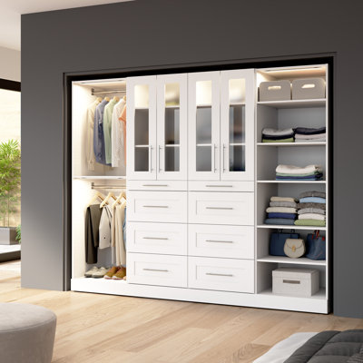 Système de rangement modulaire 100W x 25D Florence de Bestar avec lumières DEL, tringles, tablettes, tiroirs et portes, style Shaker