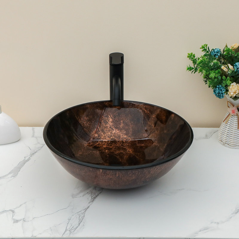 Lavabo vasque circulaire en verre 16,5 "avec bonde escamotable et robinet, Marron foncé