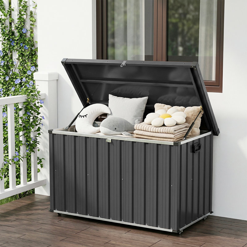 200 Gallon Metal Deck Box, Waterproof Outdoor Storage Container with Galvanized Steel Frame and Coated Panels, Large Patio Storage Bin with Wheels for Deck, Porch, Pool