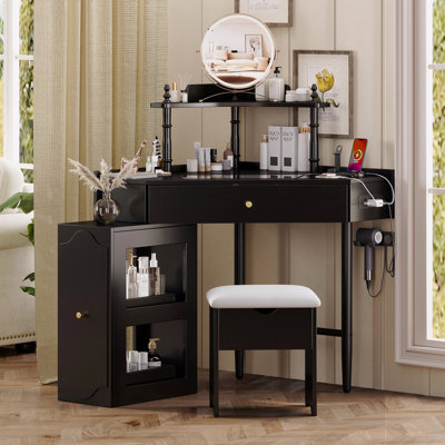 Ensemble de coiffeuse de coin (coiffeuse de maquillage) avec tabouret de rangement rembourré et avec station de charge, bureau de maquillage triangulaire avec armoire latérale amovible, plateau de maquillage en verre avec tiroir et tablette, noir