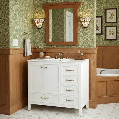 Meuble-lavabo simple sur pied 36 po avec lavabo en céramique, armoire à porte à fermeture douce et 4 tiroirs