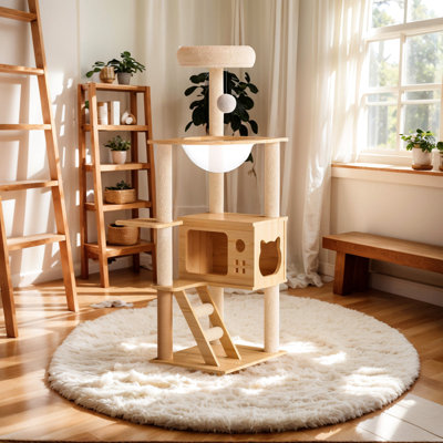 Chat moderne de 48,8 pouces avec poteaux à griffer, acrylique et belvédère pour chats d'intérieur, structure de tour stable de 48,8 po avec une apparence élégante naturelle et blanche
