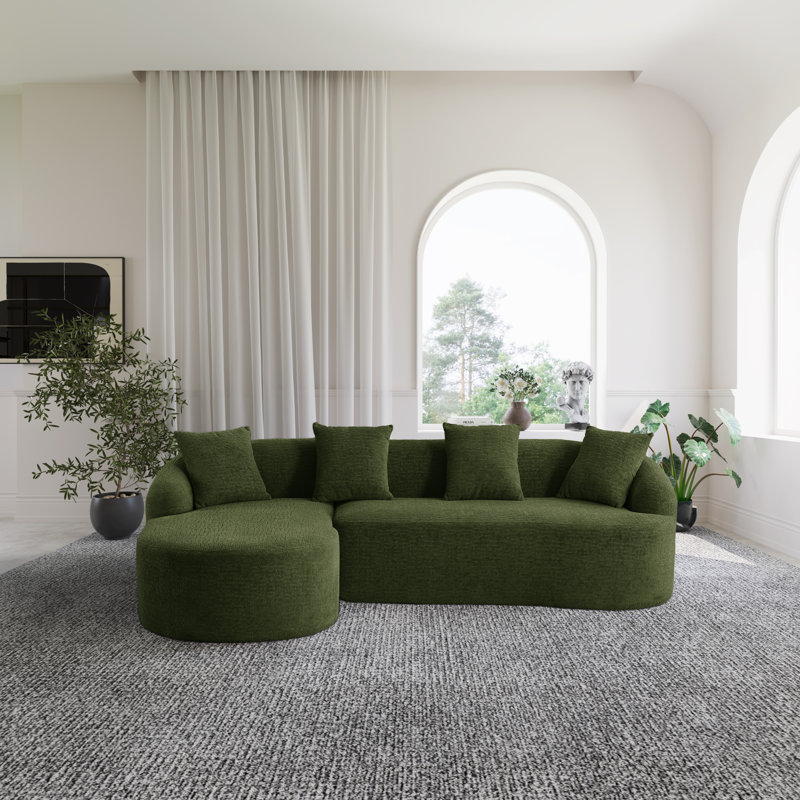 Canapé modulaire en forme de L 2 pièces avec design incurvé et méridienne orientée vers la gauche, Chenille verte