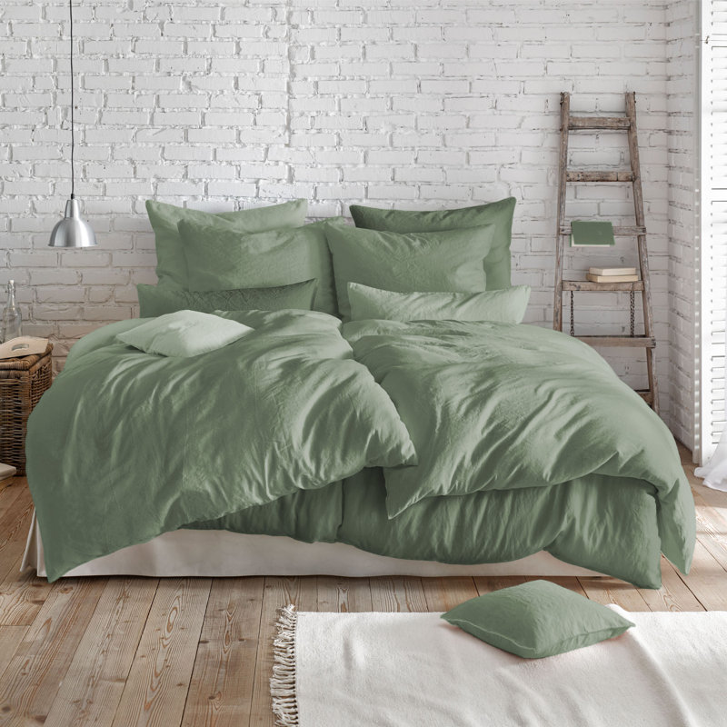 Halbleinen Provence Cotton Blend, Linen Solid Colour Duvet Cover Set with Pillow Shams Included, Sage