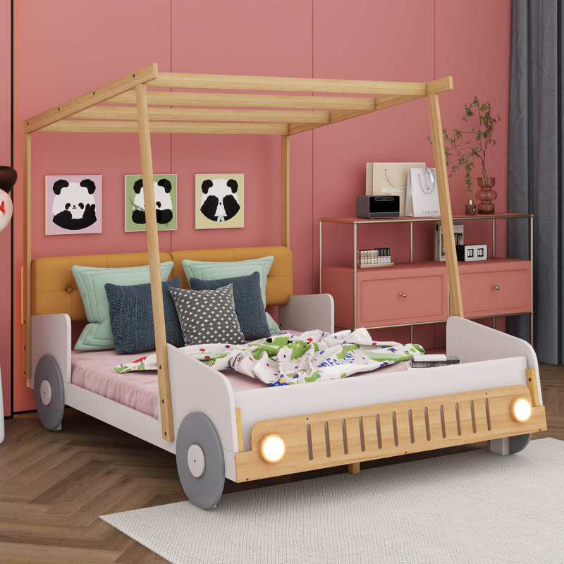 Jahleel Wood Car Bed with Pillow, Ceiling Cloth and LED, Full