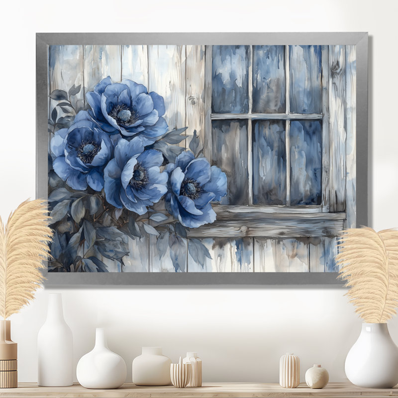 Pivoines bleues par la clôture de la ferme - pivoines, art mural, H 30 po x l 40 po, Avec cadre, Argent argent