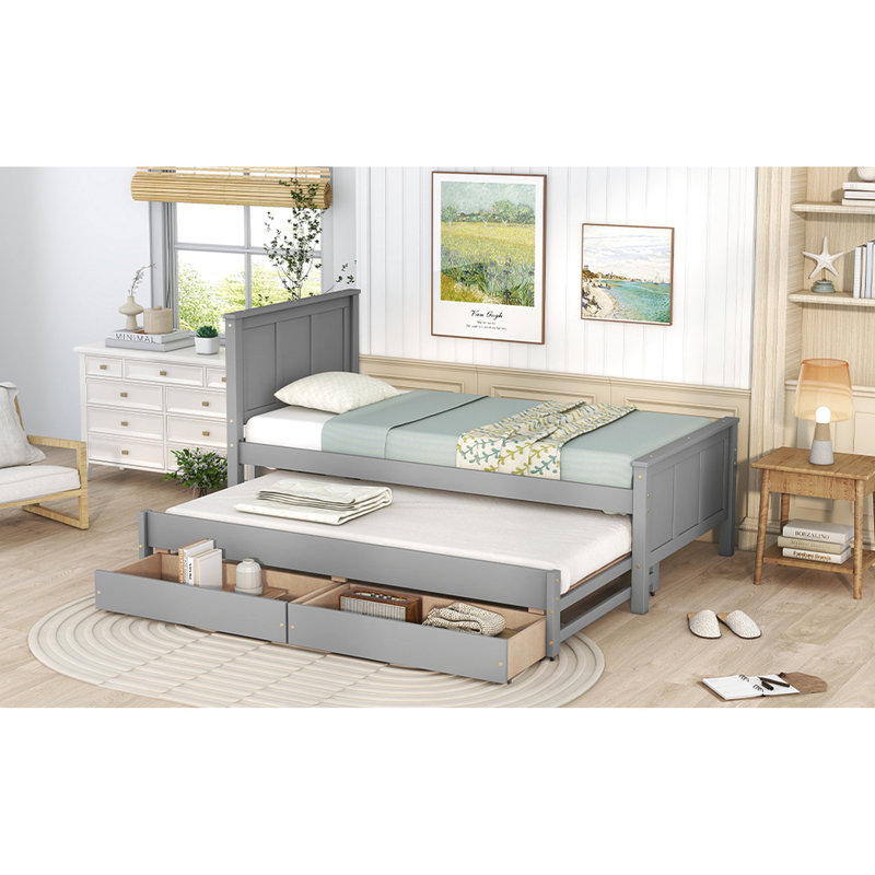 Lit plateforme simple avec lit gigogne et rangement, finition grise - Créez, créez un lit gigogne de taille de chambre à coucher, structure en pin robuste, solution polyvalente