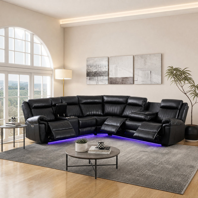 3-Piece Faux Leather L-Shaped Power Recliner Sofa with LED Lighting, Wireless Charging & Multimedia Console, Black