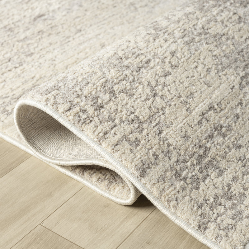 Abstract Modern High-Low/Carved Polyester Area Rug, Cream/Gold, Runner 2'7" x 8', Silver