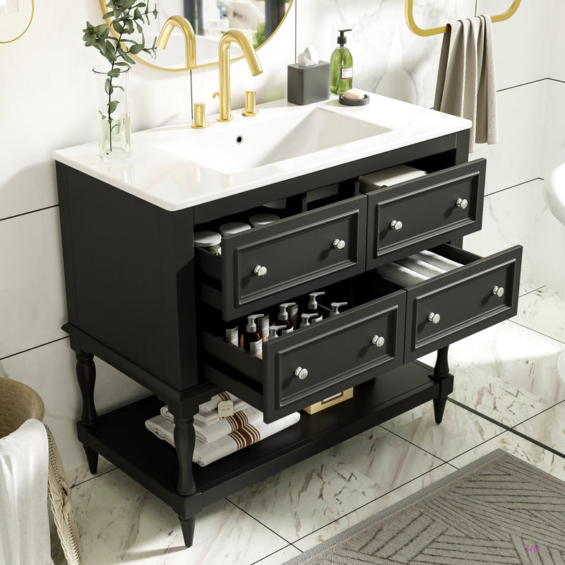 Bathroom Vanity Cabinet with Sink Combo Set, Undermount Ceramic Sink, Free Standing Vanity Set, Black