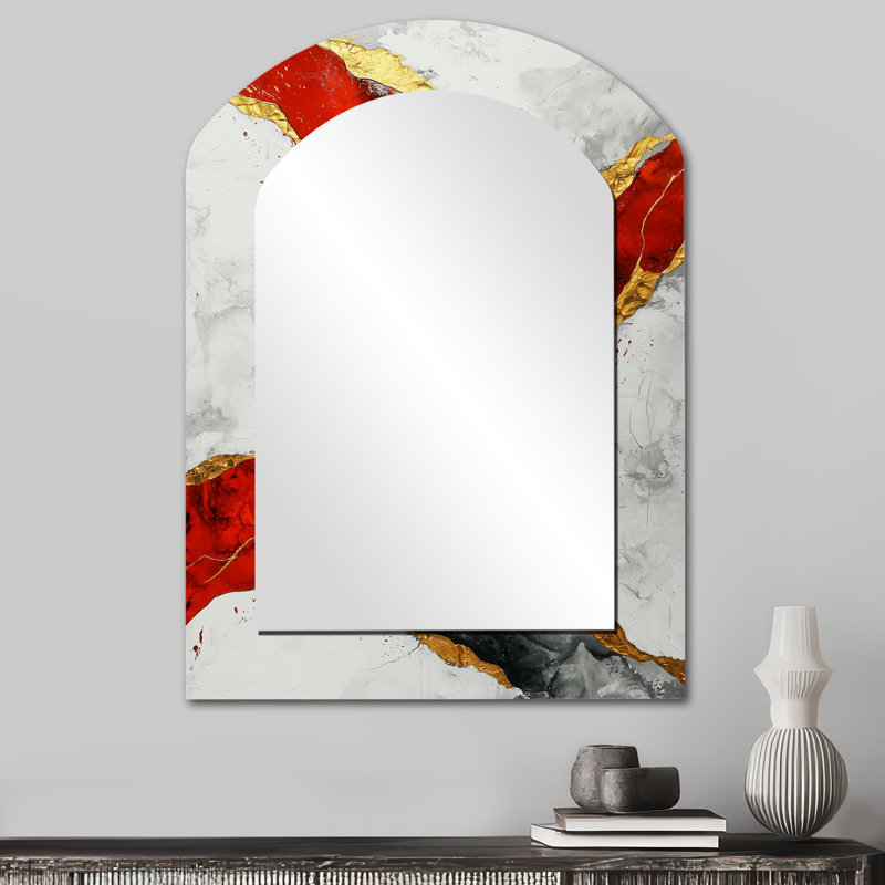 Fractal Volcano And Stone Energy III - Fractals Asymmetrical Wall Mirror, Red Arch Decorative Mirror, Printed Metal Art