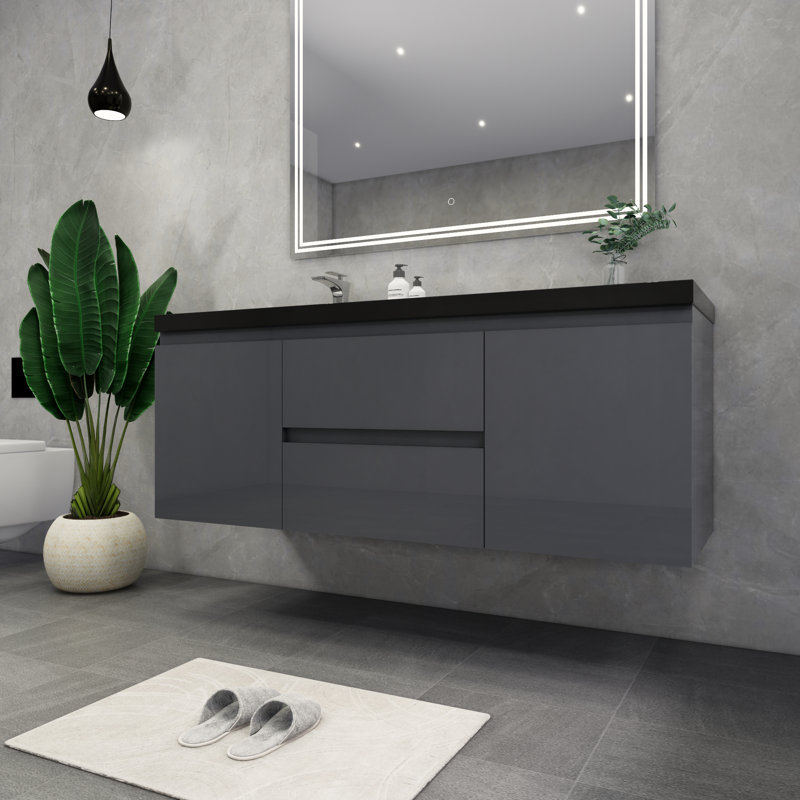 Castin 60" Wall-Mounted Single Left Sink Bathroom Vanity Set, Glossy Gray