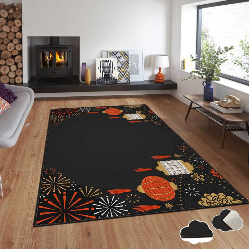 Tapis rectangulaire en polyester tissé à la machine en noir, Rectangle 2 pi 7 po x 4 pi 7 po