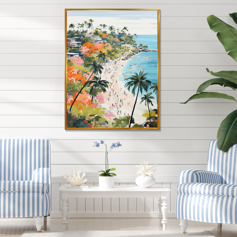 Scène de plage côtière, paradis en couleur pastel III - art mural plage côtière, Cadre flottant doré, 20" H x 12" W