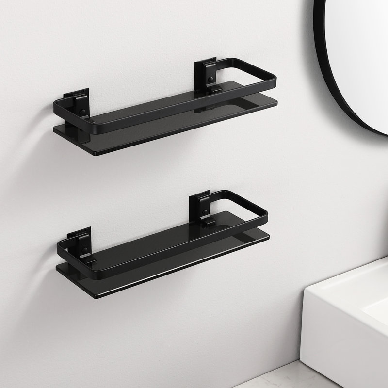 Ebern Designs Black Tempered Glass Wall Shelves 2 Pack, Rectangular ...