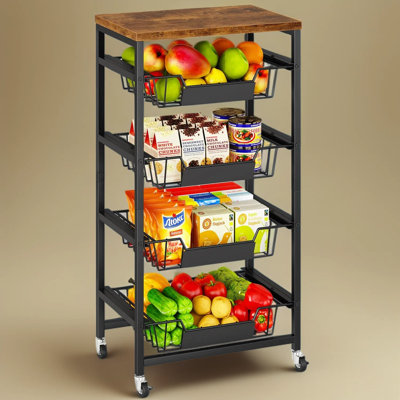 Chariot de rangement de cuisine en métal avec tiroirs et panier à fruits, chariot utilitaire à roulettes avec plateau en bois, organisateur à plusieurs niveaux pour la cuisine, le garde-manger, la chambre, le bureau et le salon.