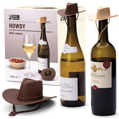 2-Pack Cowboy Hat Wine Stoppers – Fun Silicone Bottle Stoppers Keep Wine Fresh – Novelty Kitchen Gadgets & Cute Wine Accessories – Howdy Design by Monkey Business